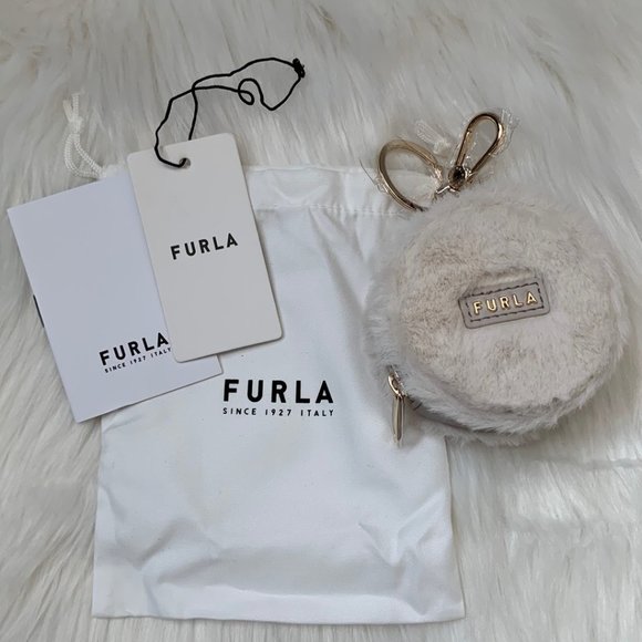 Furla Accessories - FURLA Faux Fur and Leather Round Logo Coin Purse Key Ring in Ivory